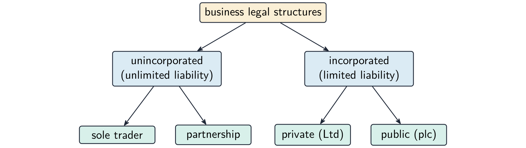 Tree classifying business legal structures into unincorporated (sole trader, partnership) with unlimited liability and incorporated (private Ltd, public plc) with limited liability