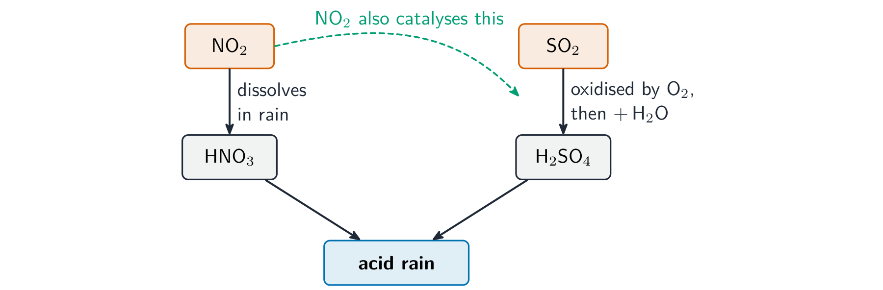 A flow diagram: NO2 forms nitric acid and SO2 forms sulfuric acid, with NO2 also catalysing the sulfur path, both leading to acid rain