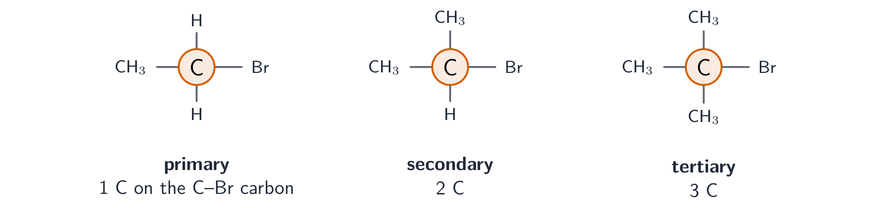 Three structures with the carbon holding the bromine highlighted: primary with one carbon attached, secondary with two, tertiary with three
