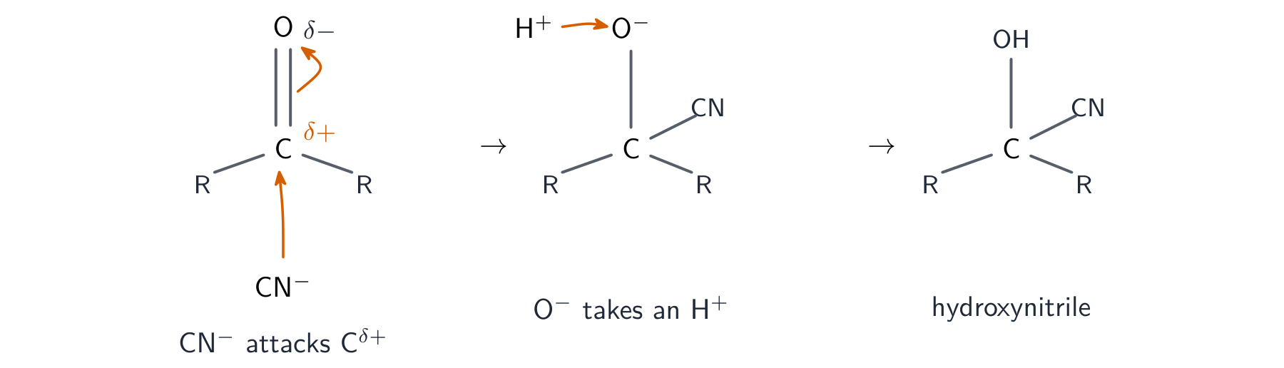 The HCN addition mechanism: cyanide attacking the slightly positive carbonyl carbon, the C=O breaking to give a negative oxygen, then the oxygen taking a proton