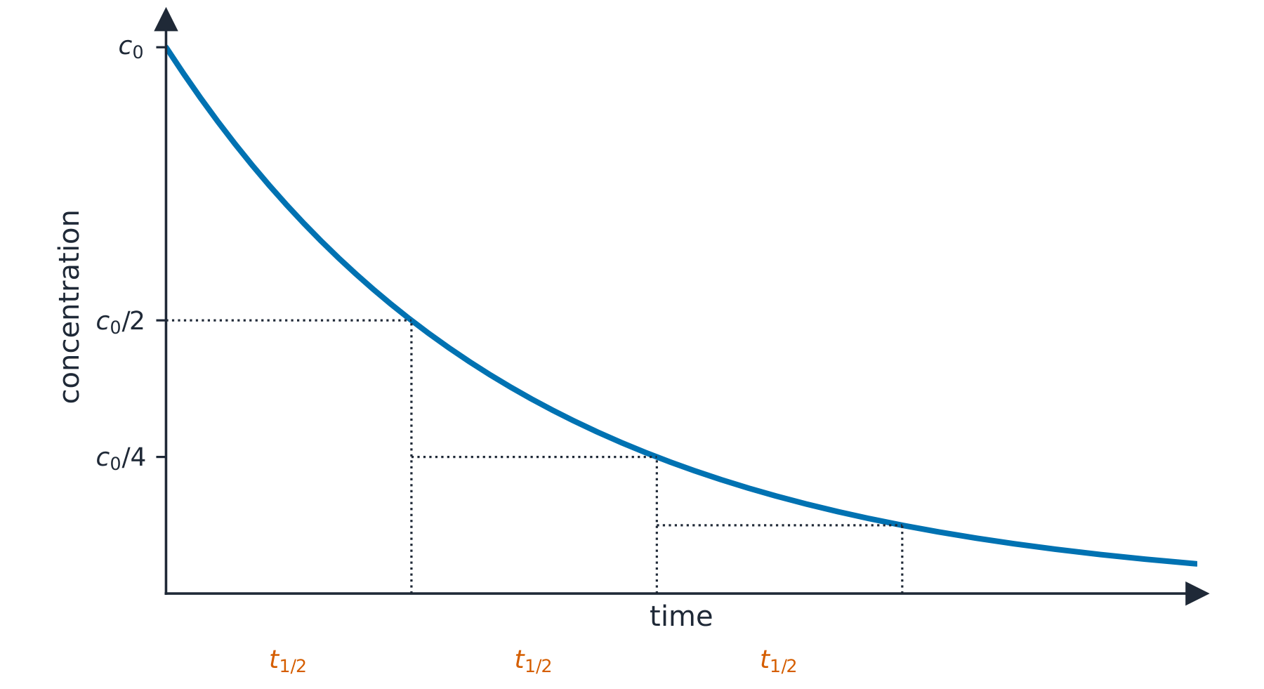 A concentration-time decay curve with three equal half-life intervals marked, the concentration halving each time