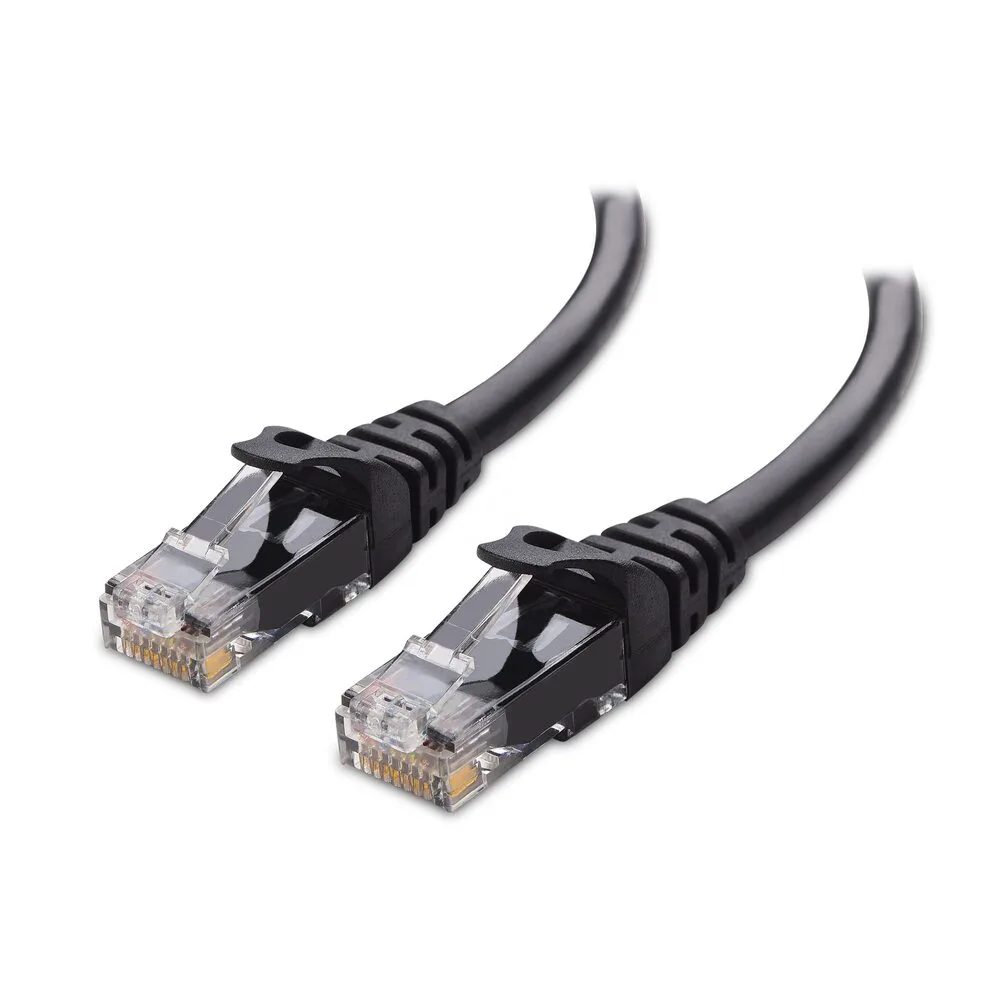 A black Ethernet patch cable on a white background, with an RJ-45 plug at each end showing the gold metal contacts and the locking clip