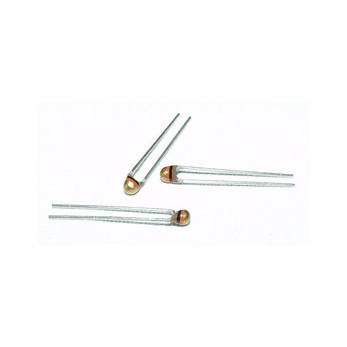Small bead thermistors with two wire legs each, on a white background