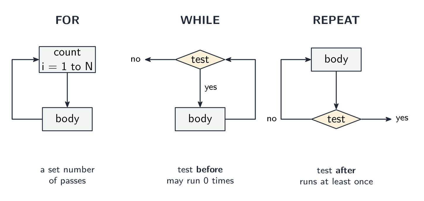 Three flowchart columns. FOR: a count box (i = 1 to N) then a body box, looping back, for a set number of passes. WHILE: a test diamond above a body box, so the condition is checked before the body and the loop may run zero times. REPEAT: a body box above a test diamond, so the condition is checked after the body and the loop runs at least once