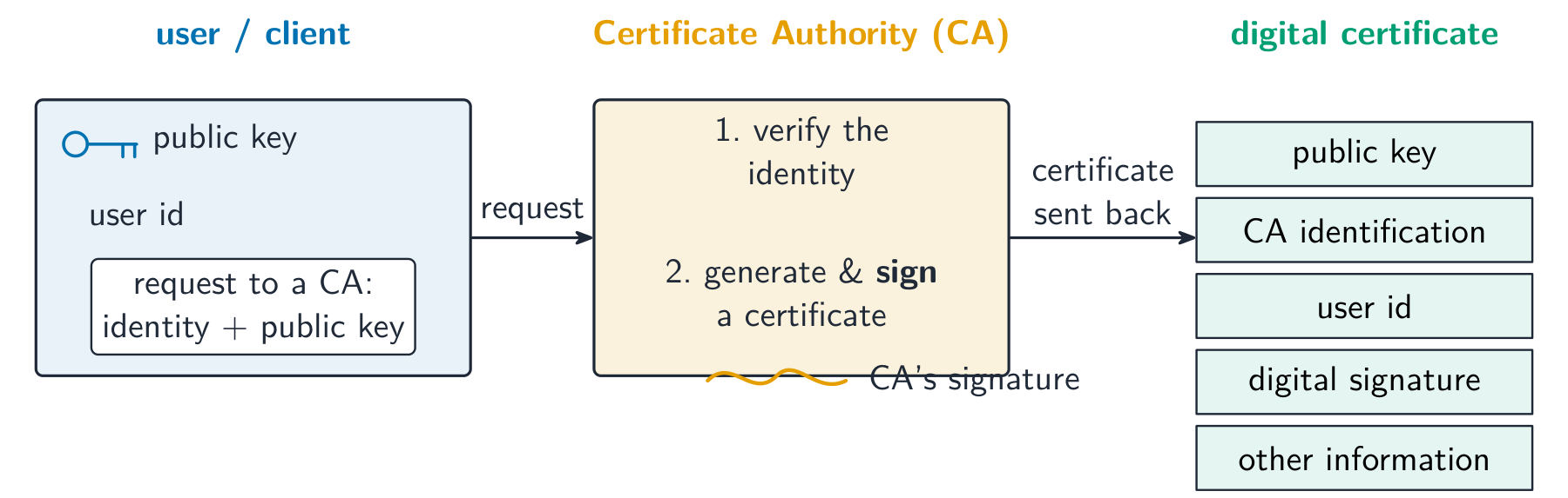 A user sends a request with their identity and public key to a Certificate Authority, which verifies the identity and issues a signed digital certificate containing the public key, CA identification, user id, digital signature and other information