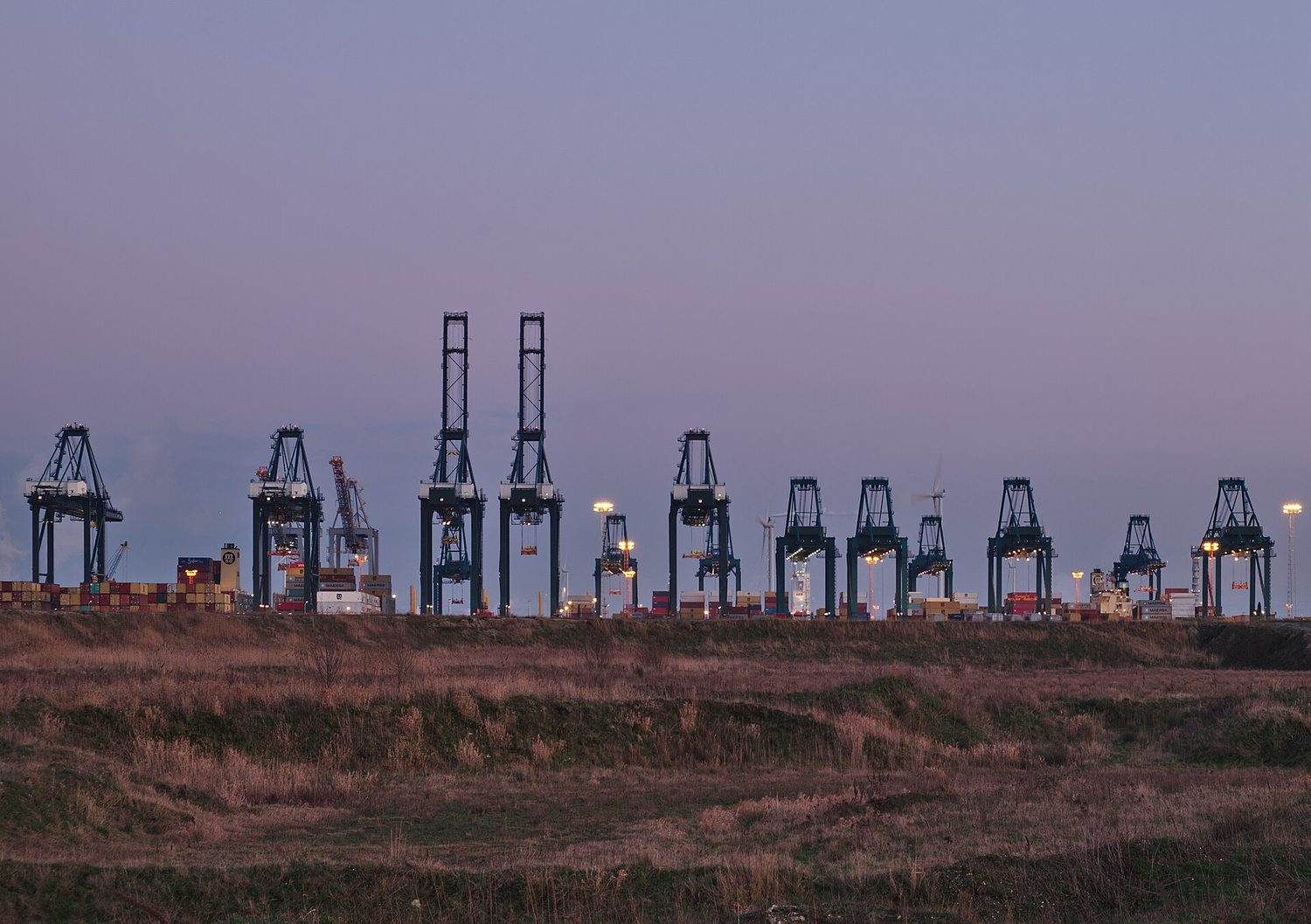 A container port: ship-to-shore cranes and stacked shipping containers at a marine terminal