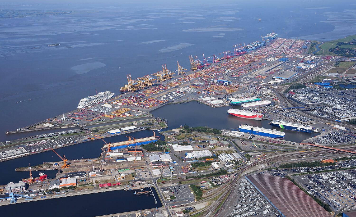 An aerial view of a large container port terminal
