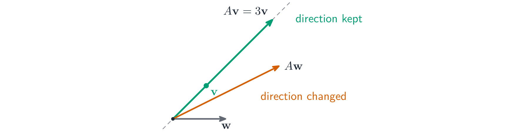 An eigenvector stretched along its own line, beside a general vector turned aside