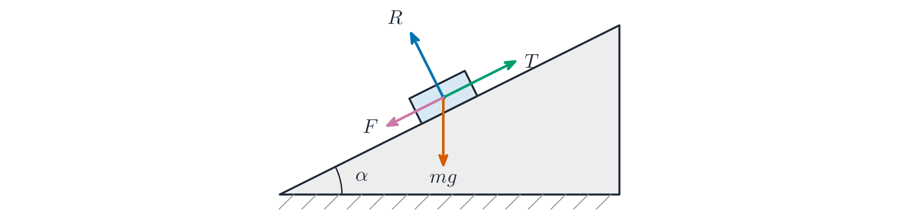 A block on a slope with weight, normal reaction, tension up the slope and friction down it