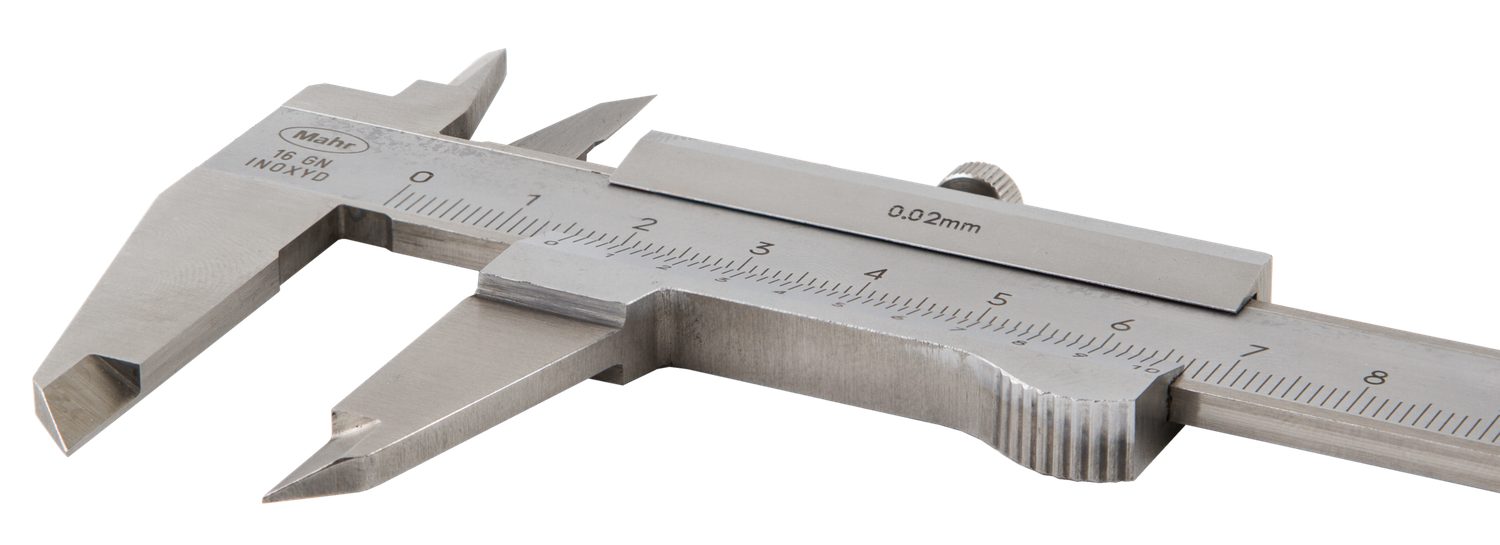 A metal vernier caliper with its jaws and a main centimetre scale, and a shorter sliding vernier scale that gives the extra digit of the reading