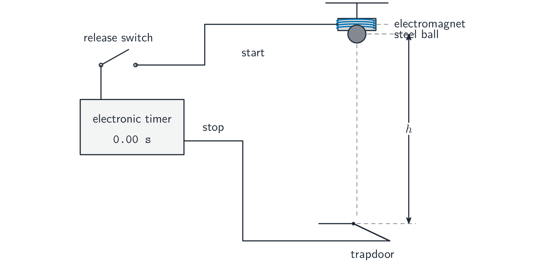 Experimental set-up to measure g: a release switch cuts the current to an electromagnet so a steel ball drops and starts an electronic timer; the ball falls a measured height h and strikes a trapdoor switch that stops the timer
