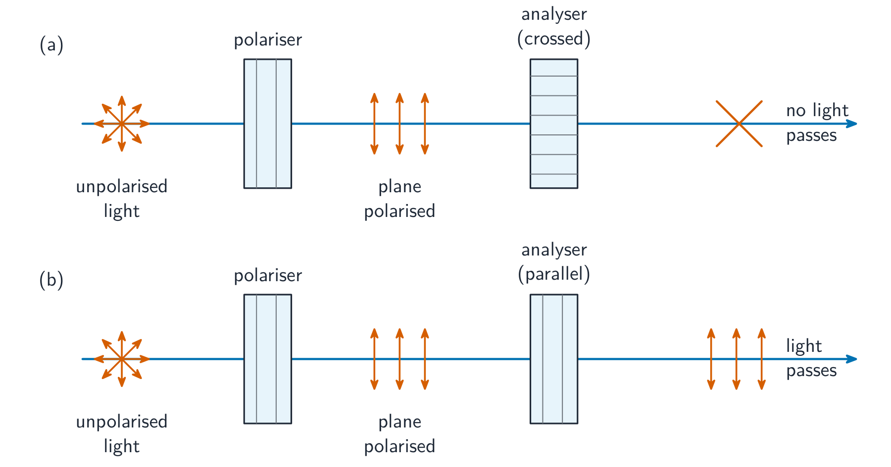 Unpolarised light passes through a polariser to become plane polarised, then meets an analyser: in (a) the analyser's transmission axis is crossed (at right angles) and no light passes; in (b) it is parallel and the polarised light passes through