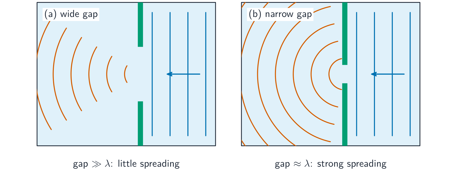 Straight water waves in a ripple tank meeting a barrier with a gap: through a wide gap (a) they pass almost straight, through a narrow gap (b) they spread out in curved wavefronts
