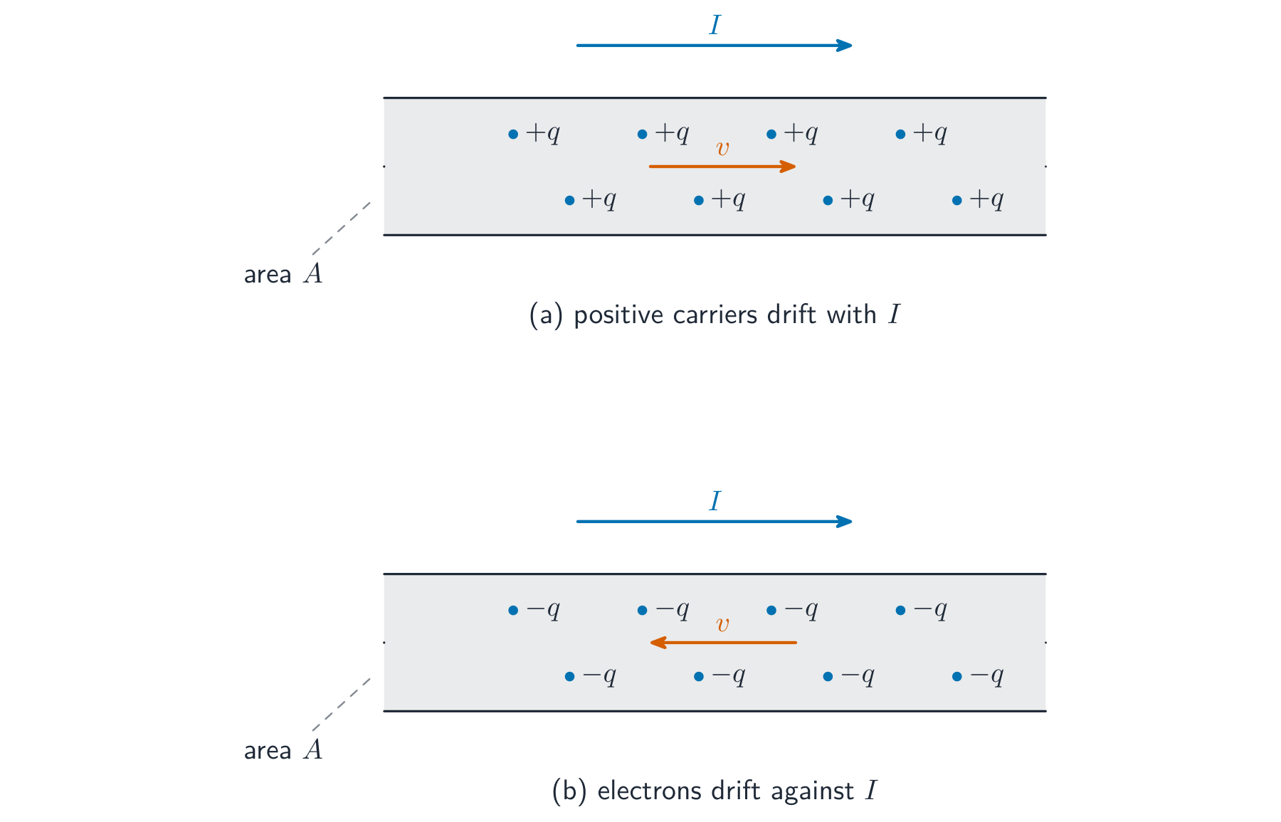 Two conductors of cross-section A: in (a) positive carriers +q drift the same way as the conventional current I; in (b) electrons -q drift the opposite way to I. Drift velocity v is shown along the axis.