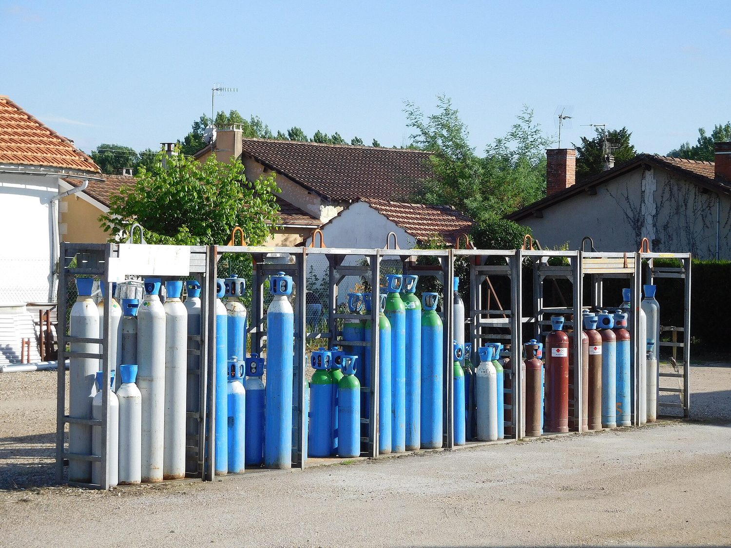 Rows of compressed gas cylinders