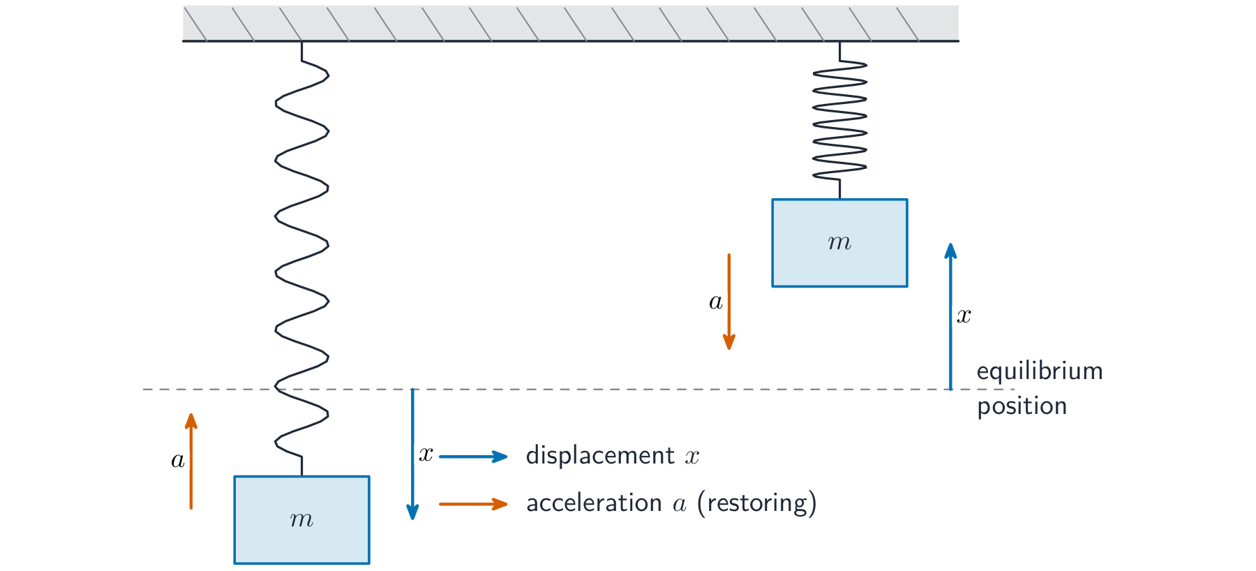 A mass on a spring shown above and below the equilibrium line; in each case the acceleration arrow points back towards equilibrium, opposite to the displacement arrow