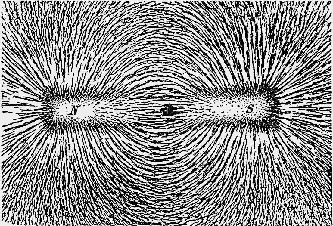 Hundreds of tiny iron filings sprinkled on paper around a bar magnet, lined up into curved lines that join the N and S poles