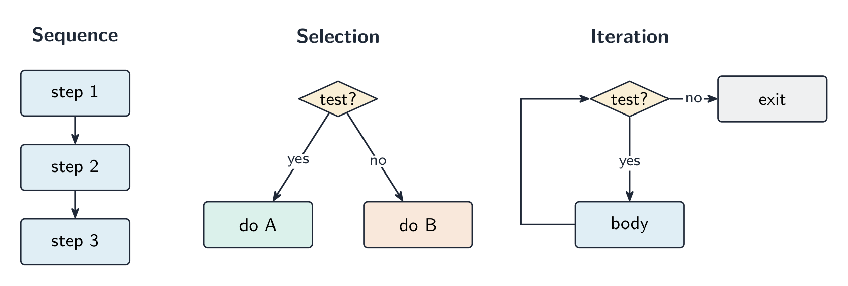 Selection chooses between paths based on a condition
