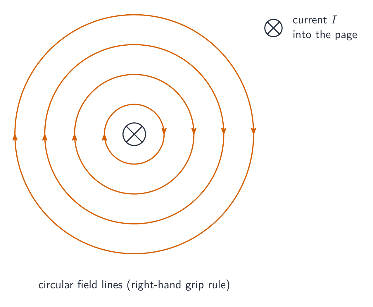 Concentric circular field lines surround a straight current-carrying wire
