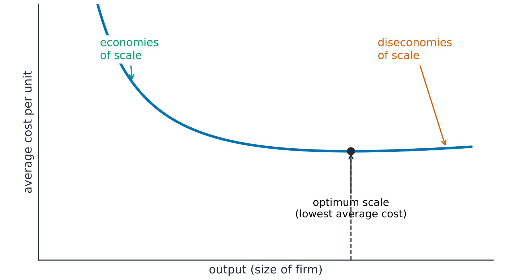 U-shaped average cost curve falling on the left (economies of scale), reaching a lowest point, then rising on the right (diseconomies of scale)