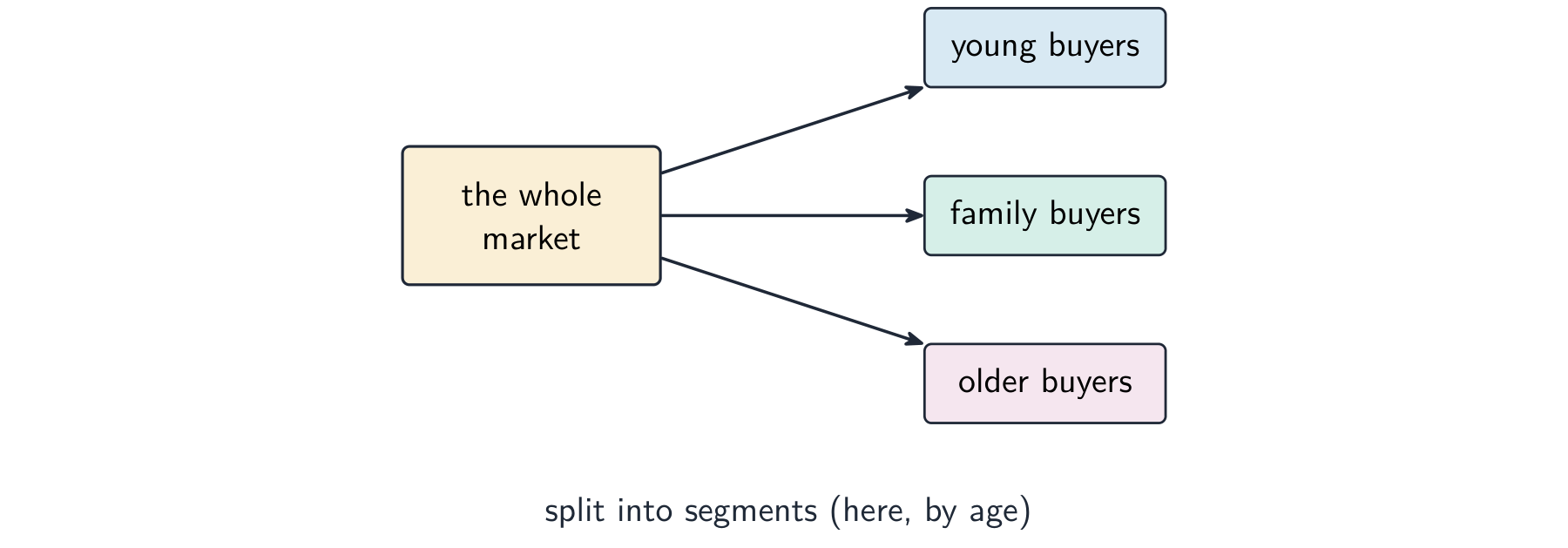 The whole market split by arrows into three segments — young buyers, family buyers and older buyers