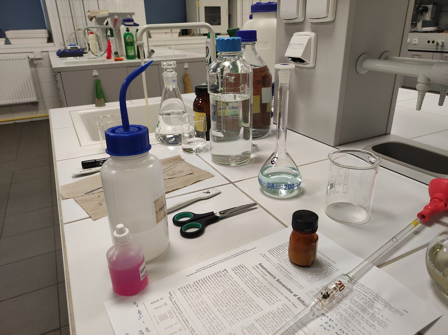 A titration being carried out in a laboratory