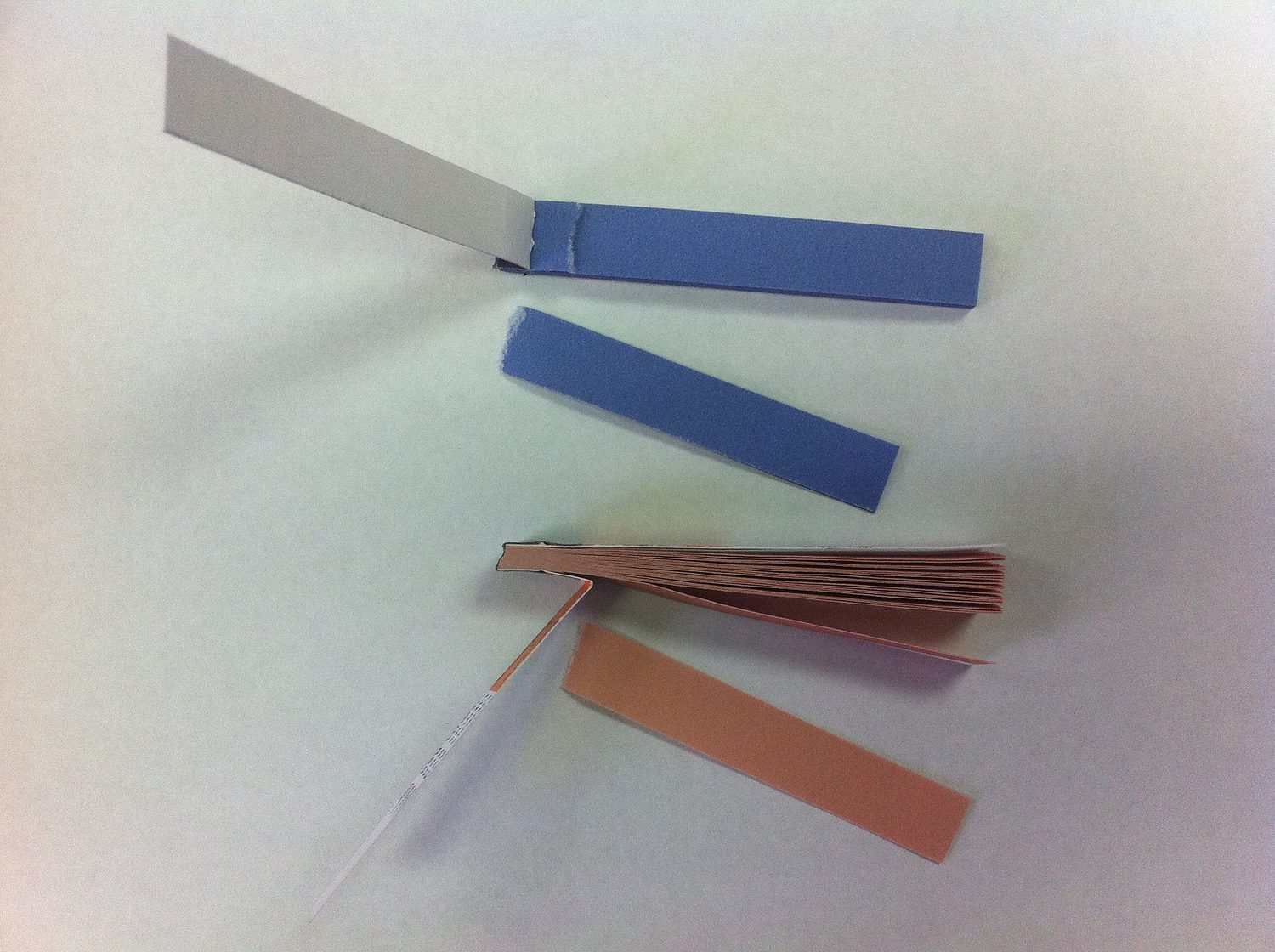 Blue litmus paper strips and a booklet of red litmus paper on a white background