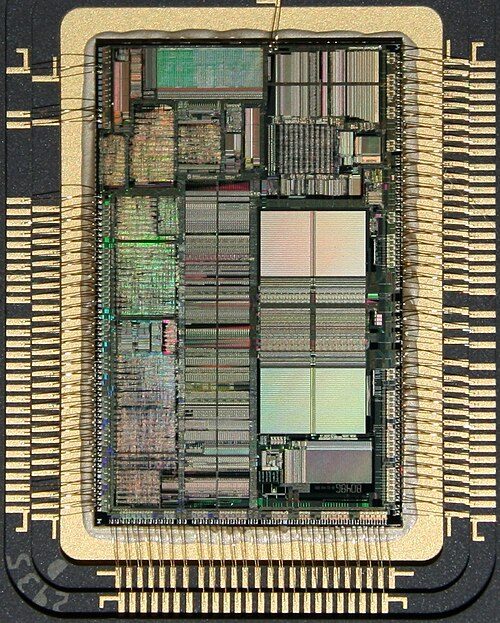 The silicon die of a microprocessor under magnification