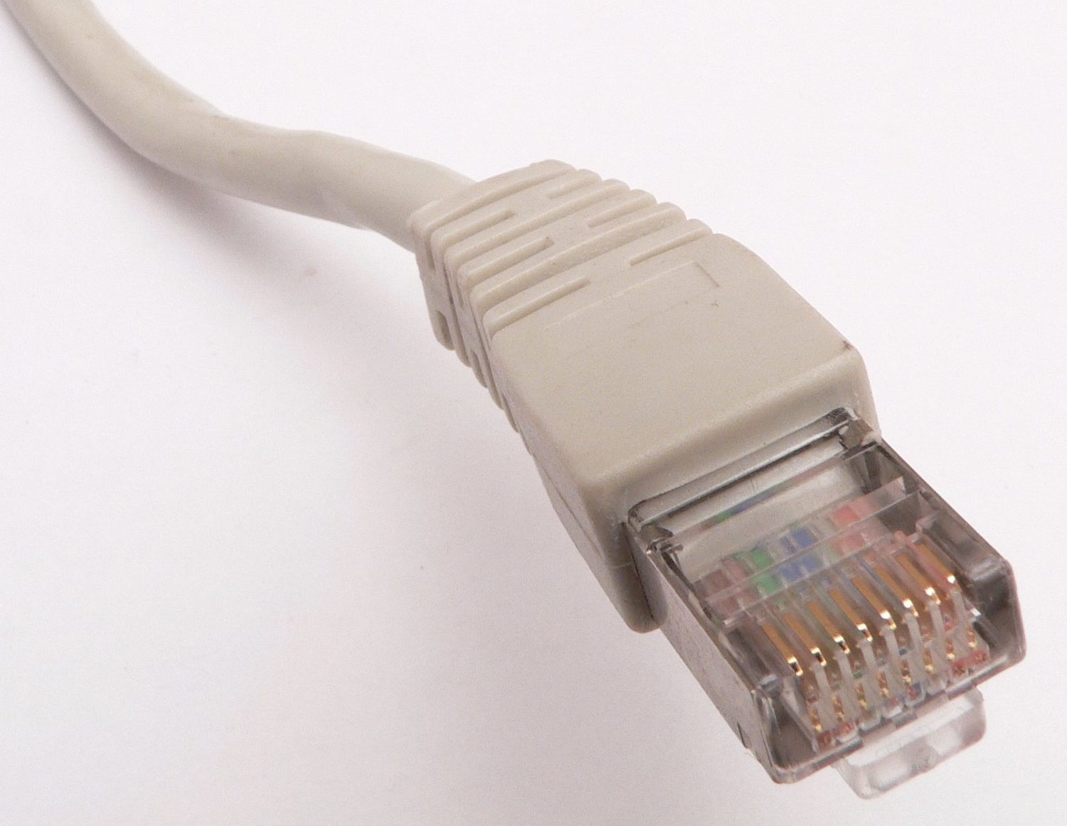 An Ethernet cable with an RJ45 plug, often used to carry data on a wired network