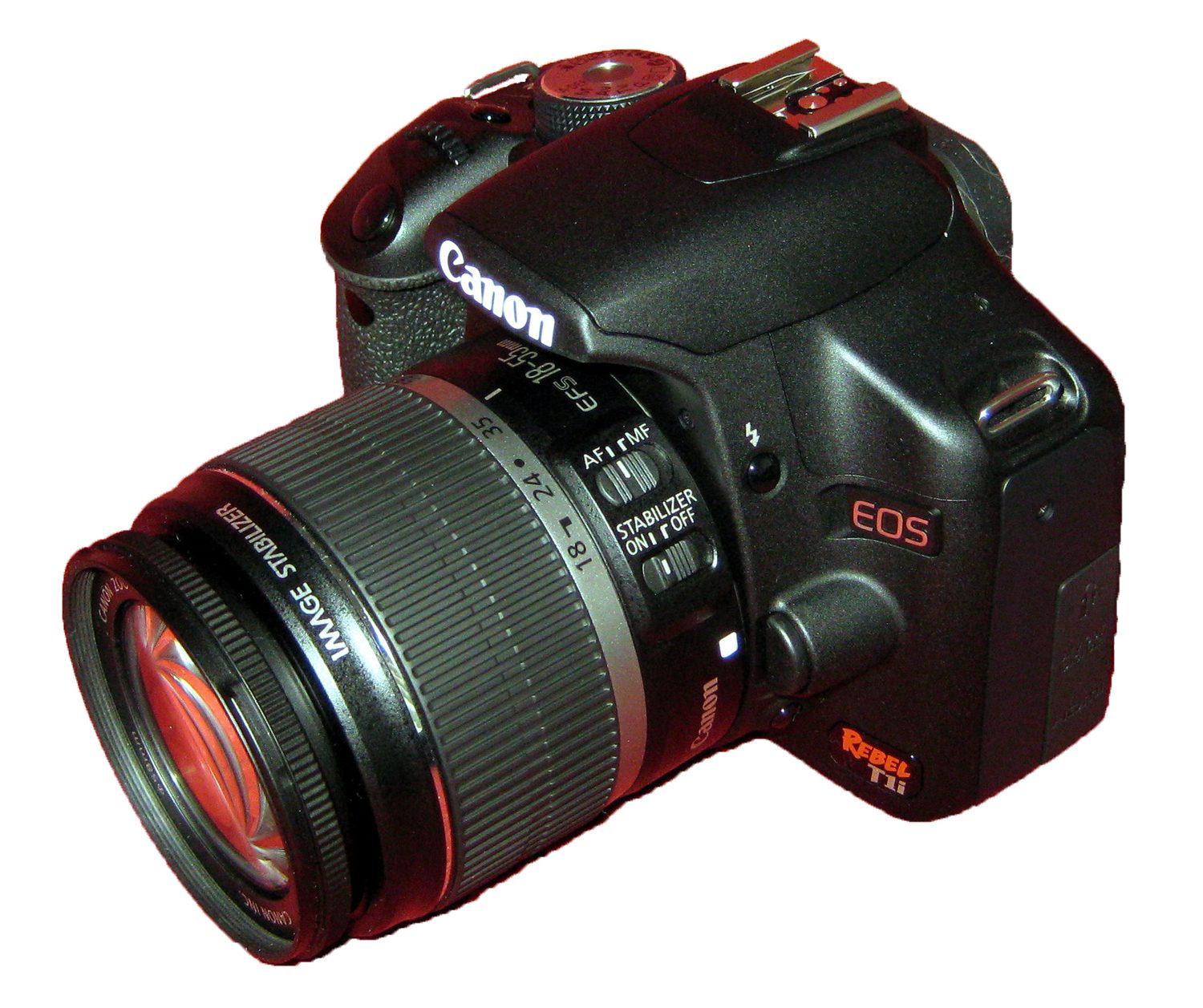 The front of a small red digital camera, showing its lens and flash