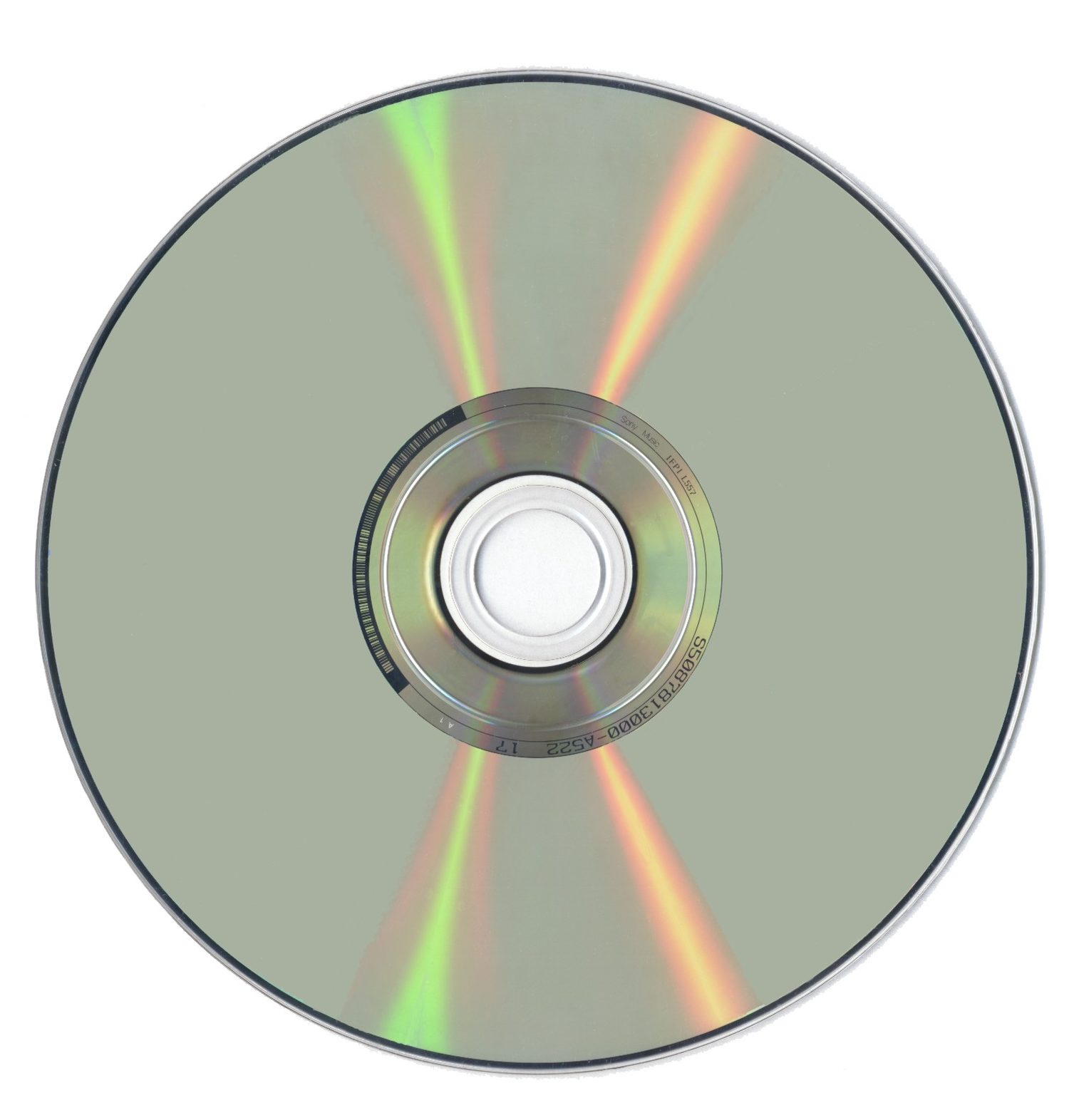 A shiny round disc reflecting rainbow colours from its data surface