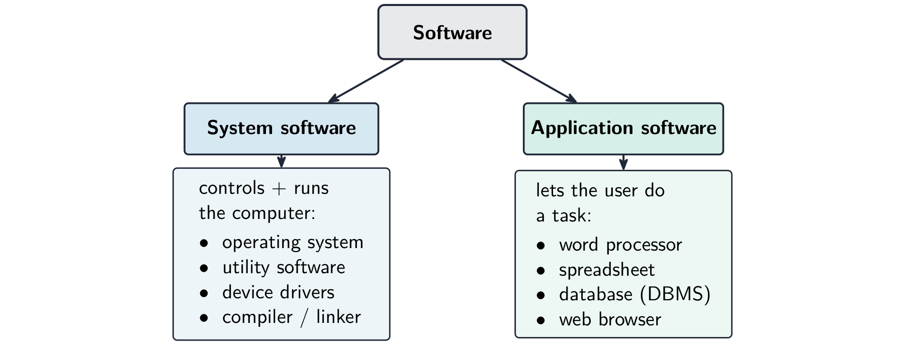 Software divides into system software (runs the computer) and application software (lets the user do a task).