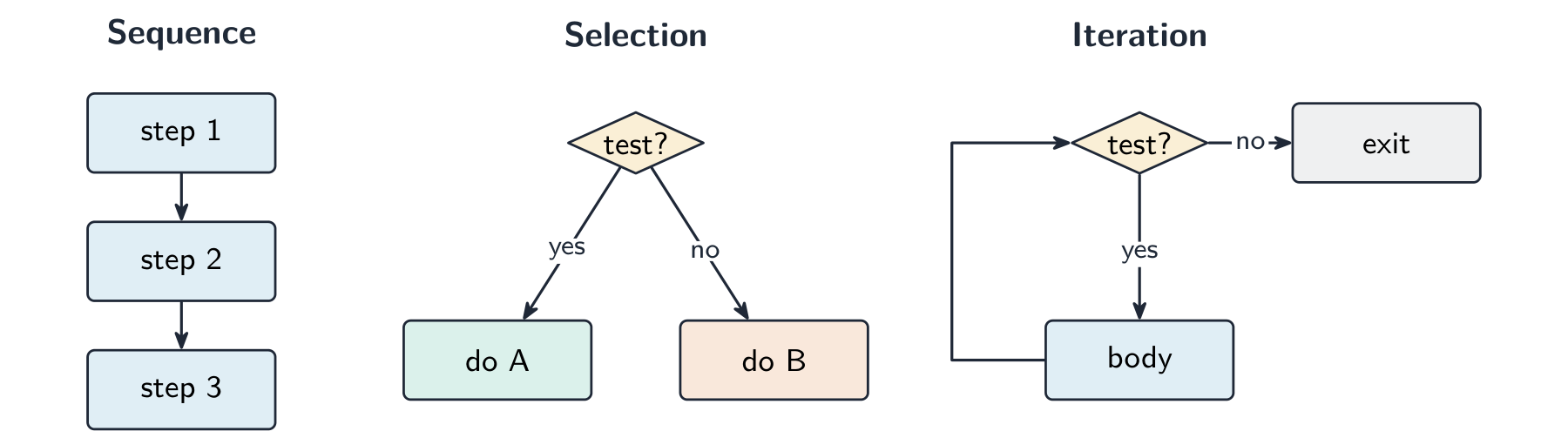 Three small flowcharts: sequence (boxes in a line), selection (a test branching two ways), and iteration (a test with a body that loops back)