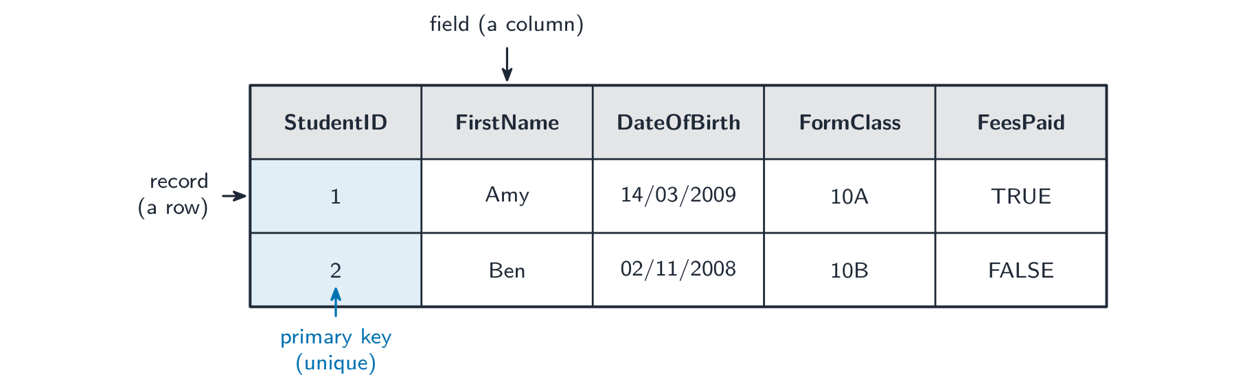 The Student table with each row labelled as a record, each column as a field, and the StudentID column highlighted as the primary key