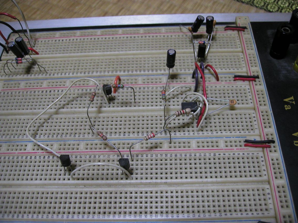 An electronic circuit built on a breadboard