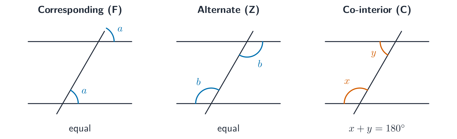 Two parallel lines crossed by a transversal, shown three times: corresponding angles in an F-shape, alternate angles in a Z-shape, and co-interior angles in a C-shape