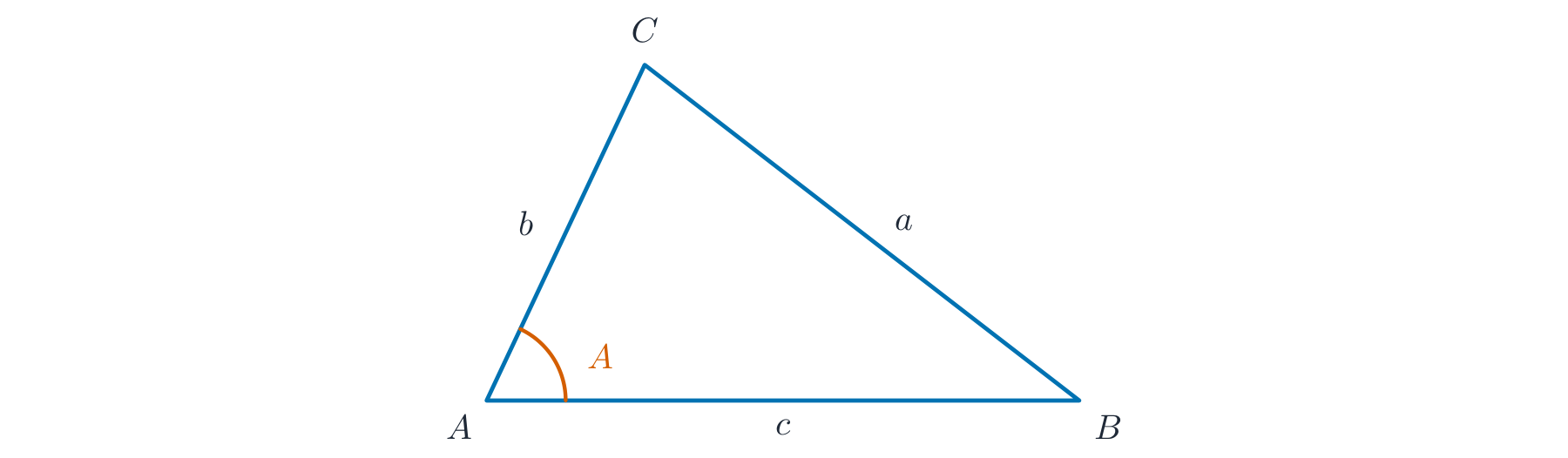 A general triangle with vertices A, B, C and sides a, b, c, where each side lies opposite the angle of the same letter