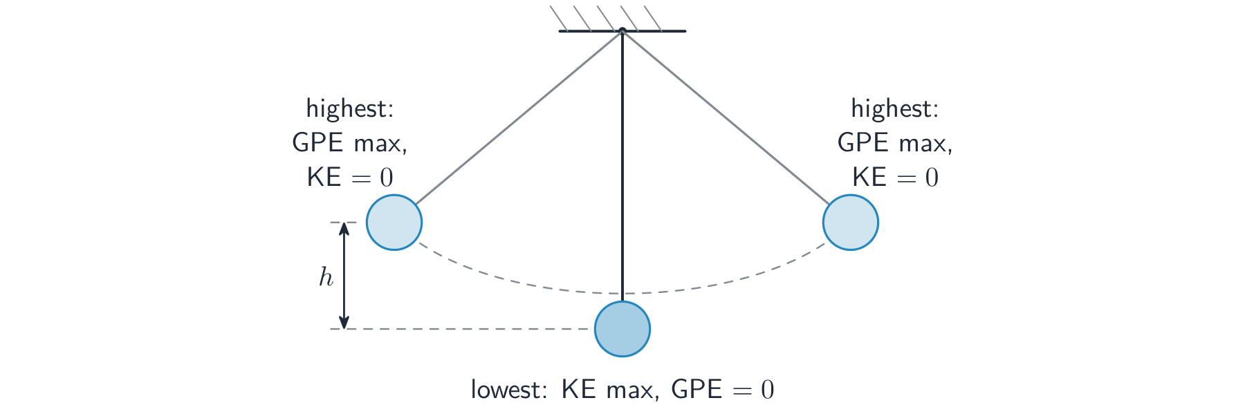 A pendulum shown at its two highest points and its lowest point, with the swing height marked