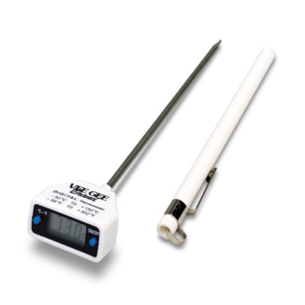 A white digital thermometer with a long metal probe and a small screen, beside its storage case