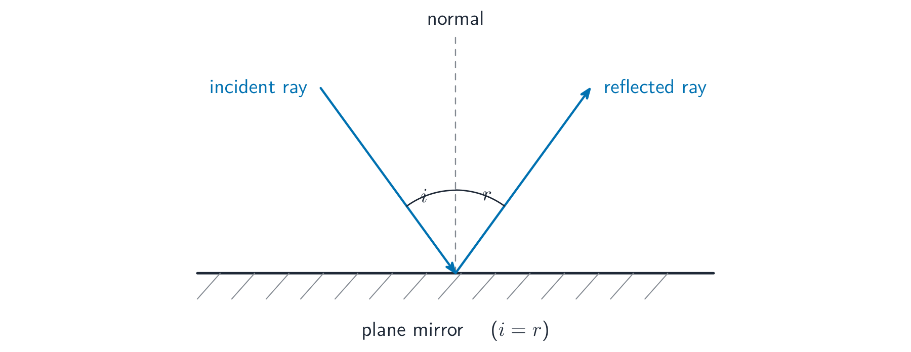 An incident ray and a reflected ray meeting at a mirror, with equal angles either side of the normal