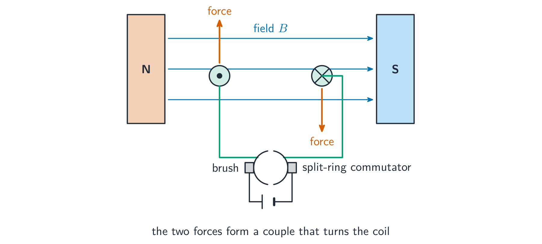 A coil between magnet poles with opposite forces on its two sides, a split-ring commutator, brushes and a battery
