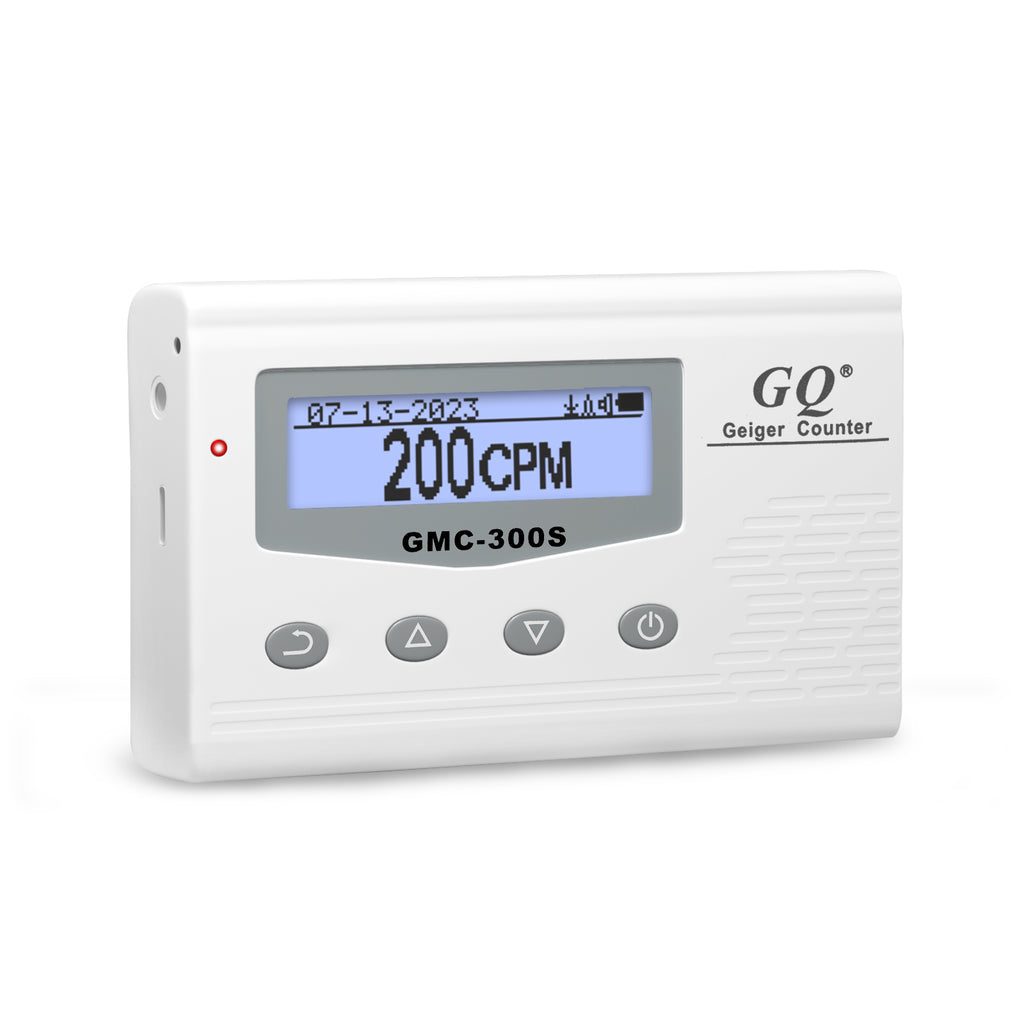 A small white handheld Geiger counter with a screen showing "200 CPM" (counts per minute)