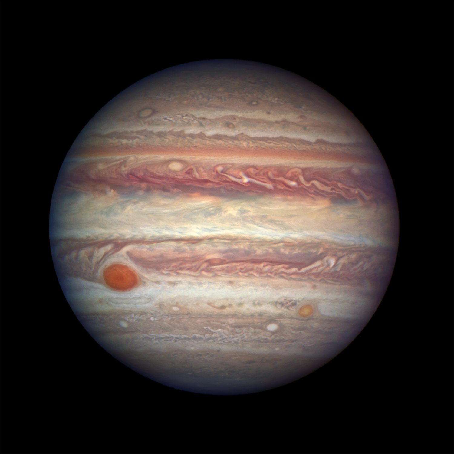 The full disc of Jupiter showing brown and white cloud bands and the orange Great Red Spot