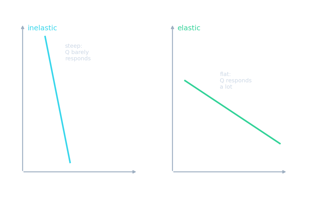 Two demand curves: a steep one labelled inelastic (quantity barely changes) and a flat one labelled elastic (quantity changes a lot)