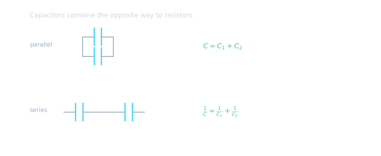 Two capacitors in parallel giving C1 + C2, and two in series giving one over C equals one over C1 plus one over C2