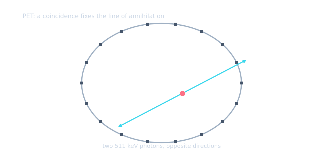 A PET detector ring: a positron annihilates inside and two 511 keV photons fly out in opposite directions to the ring