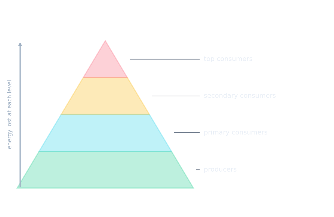 A pyramid of energy, each level about a tenth of the one below