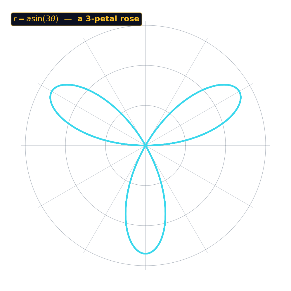 A three-petal rose traced by the polar function r = a sin(3 theta)