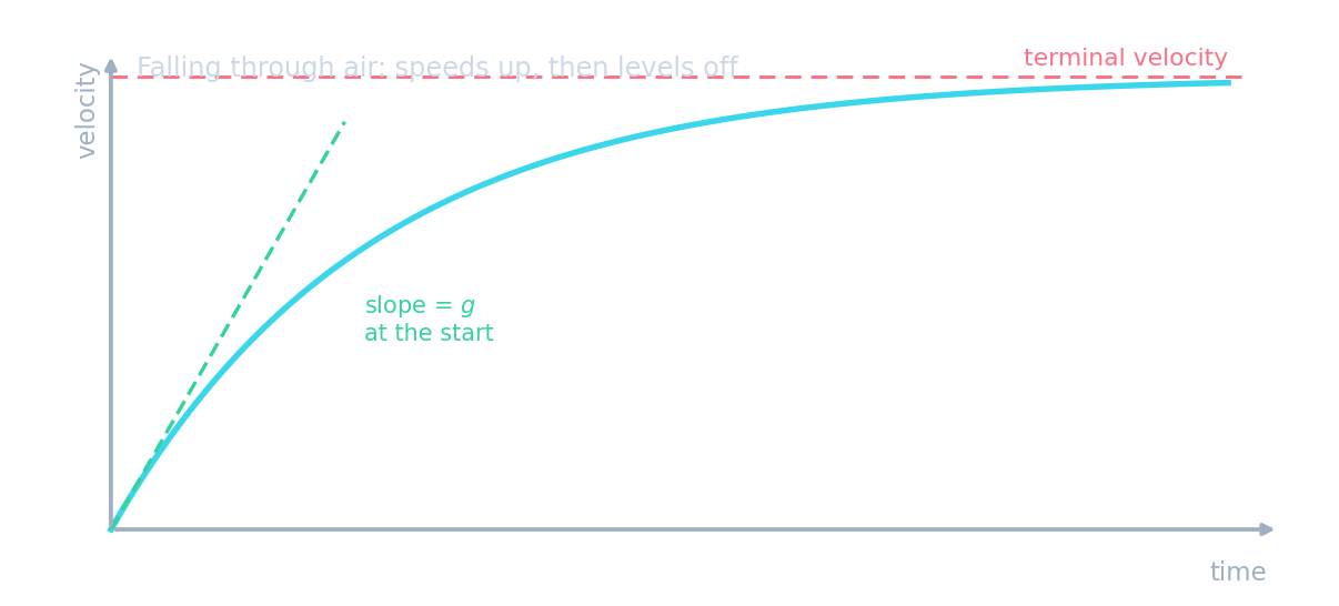 A falling object speeding up then levelling off to a steady terminal velocity once air resistance balances the weight
